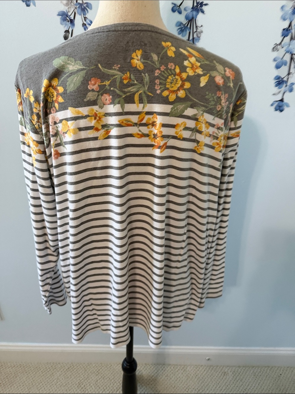 Striped Grey & White Floral-Accent Women's Long Sleeve Top - Picture 4 of 4